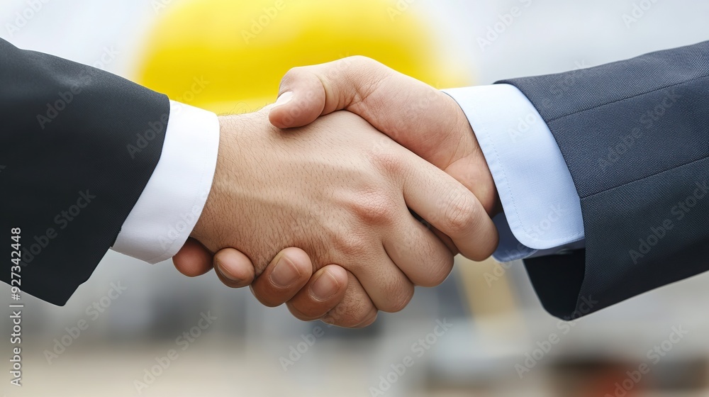 Poster close-up image of engineer and architect shaking hands during a meeting. copy space for text.