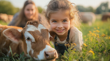 Family fun at a countryside farm, children feeding animals, parents picking fruits, scenic rural setting, golden hour lighting, wholesome and peaceful