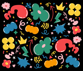 Set of funky groovy element vector. Collection of cartoon characters, cute doodle dawn, sparkle, cloud, crown, flower, thunderbolt. Retro hippie design for decorative, sticker, toys and kids