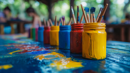 Fototapeta premium Creative family fun day at an arts and crafts table, children painting and making crafts, parents joining in, colorful art supplies scattered around, bright and cheerful