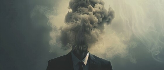 A man in a suit with his head obscured by a plume of smoke against a dark background.