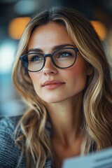 Obraz premium Portrait of a Thoughtful Young Woman with Glasses and Long Blonde Hair in a Modern Setting
