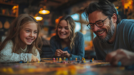 Fototapeta premium Family playing board games at the kitchen table, everyone laughing and engaged, warm lighting, cozy home setting, high-definition, bonding and togetherness, joyful evening