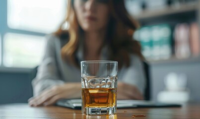 Blurred woman with a glass of whiskey, symbolizing alcohol abuse.