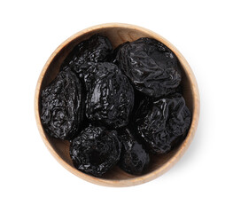 Tasty dried plums (prunes) in bowl on white background, top view