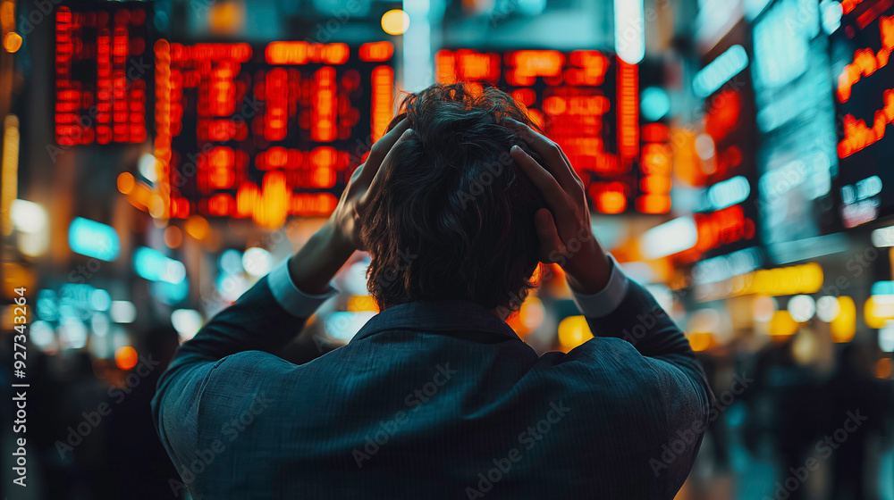 Aufkleber stressed stock exchange trader in a chaotic trading floor, hands on head, large screens displaying p