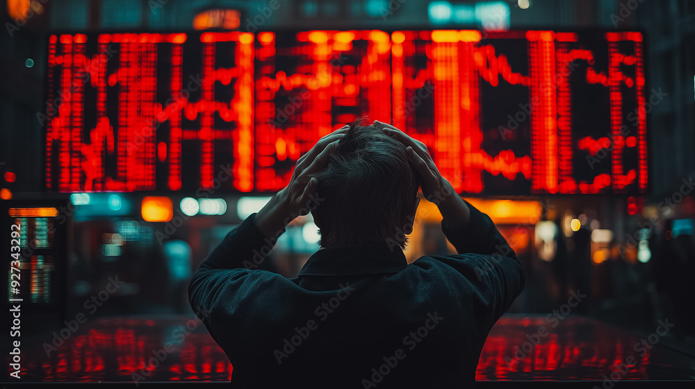 Poster stressed stock exchange trader in a chaotic trading floor, hands on head, large screens displaying p