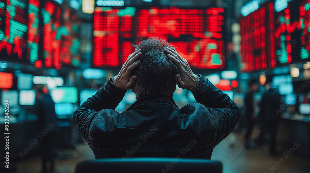 Poster stressed stock exchange trader in a chaotic trading floor, hands on head, large screens displaying p