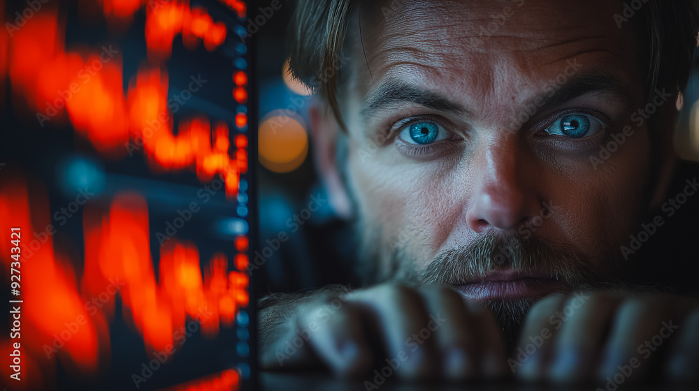Poster desperate trader staring at multiple screens showing severe stock market decline, red graphs and rea