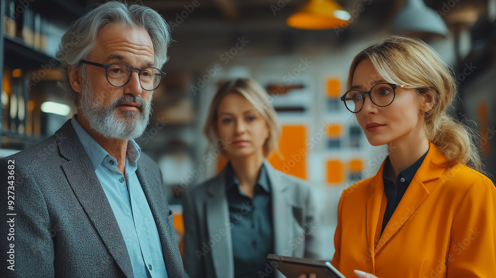Poster diverse business team collaborating in a modern office, gathered around a tablet screen displaying d
