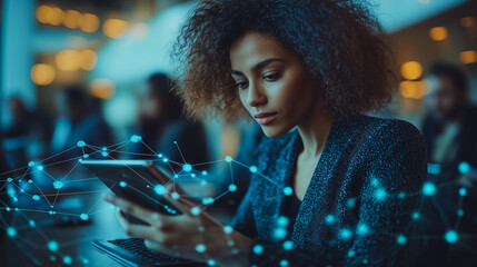 Business team of various backgrounds engaged in a creative meeting, using a tablet to connect and analyze project data, bright and inclusive office setting, collaboration and innovation