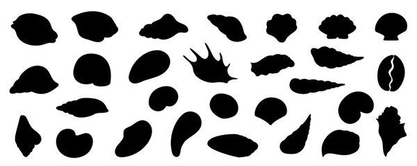 Set of black seashell silhouettes on a white background. Includes different types of seashells, perfect for beach, ocean, and marine themes. Aquatic and reef environment set.