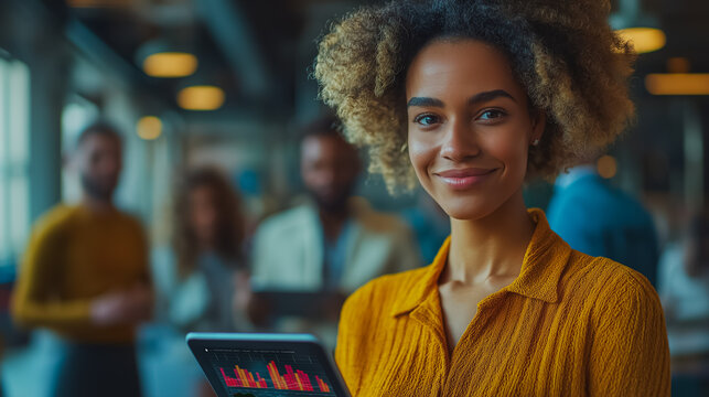 Diverse business team collaborating in a modern office, gathered around a tablet screen displaying data analysis, engaged in team building and creative problem-solving