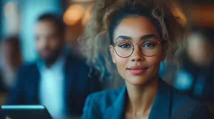 Group of business professionals from various backgrounds in a collaborative meeting, using a tablet for project discussion, focused on teamwork and connection, innovative and inclusive workspace