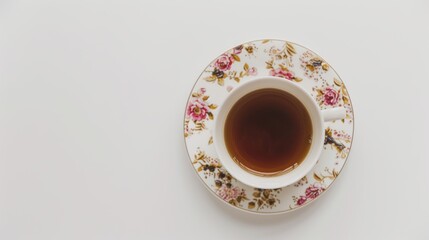 Steaming black tea on floral saucer, on white table. Aroma fills air, cozy atmosphere for relaxing tea time. Enjoy warm, flavorful herbal drink in morning refreshment