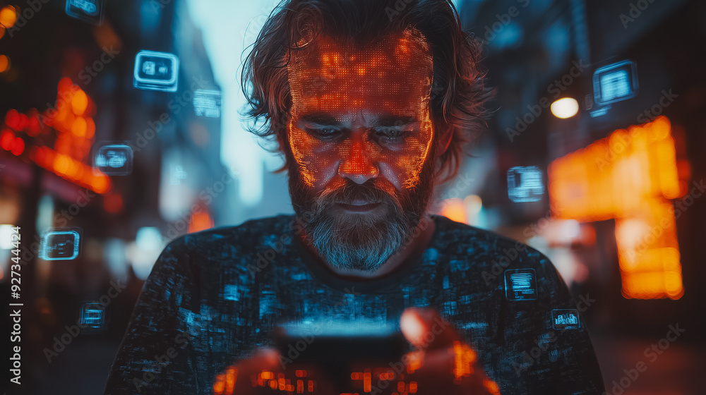 Aufkleber caucasian man using smartphone in the metaverse, surrounded by floating holographic interfaces of so