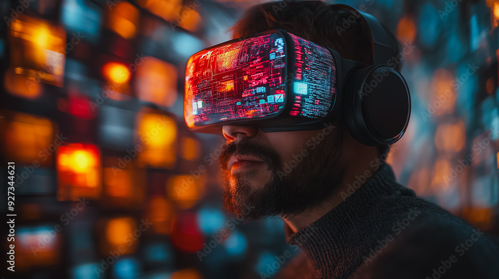 Aufkleber man's portrait in the metaverse, using a smartphone with interactive streams of digital interfaces f