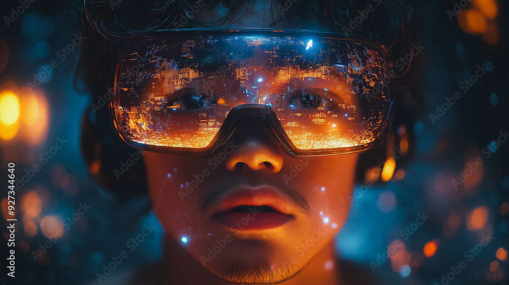 Poster man's portrait in the metaverse, using a smartphone with interactive streams of digital interfaces f