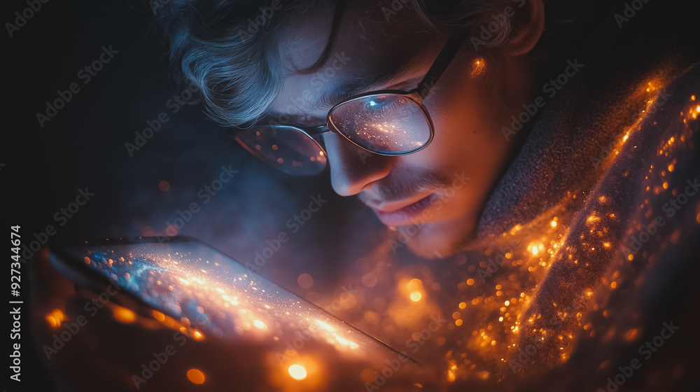 Poster caucasian man engaging with the metaverse through a smartphone, dynamic stream of digital interfaces