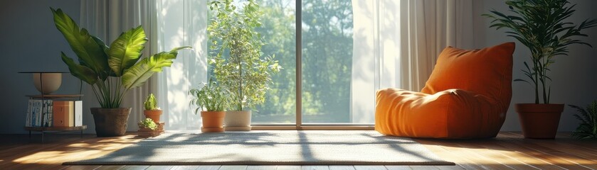 Cozy Sunlit Living Room with Indoor Plants and Comfortable Seating by Large Window