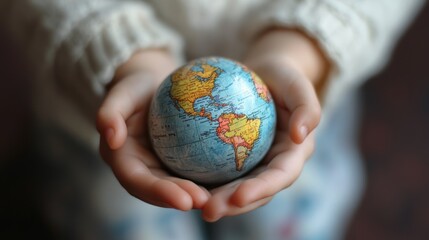 A Child's Hands Holding a Miniature Globe