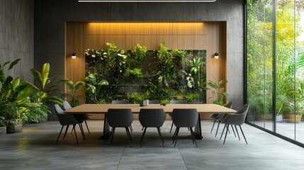 Modern Conference Room with Vertical Garden and Large Windows Overlooking Greenery