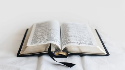 Open holy bible on a white cloth, perfect for religious projects, conveys peace and contemplation