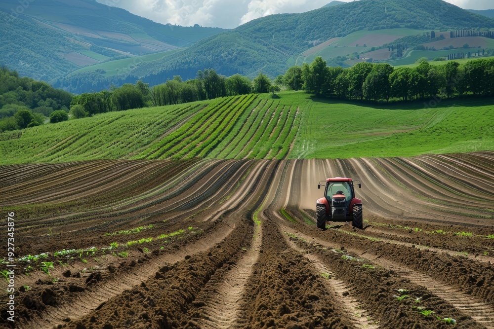 Poster tractor at work plowing patterned fields with vibrant green hills in the background