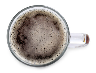 Glass mug of dark beer isolated on white, top view