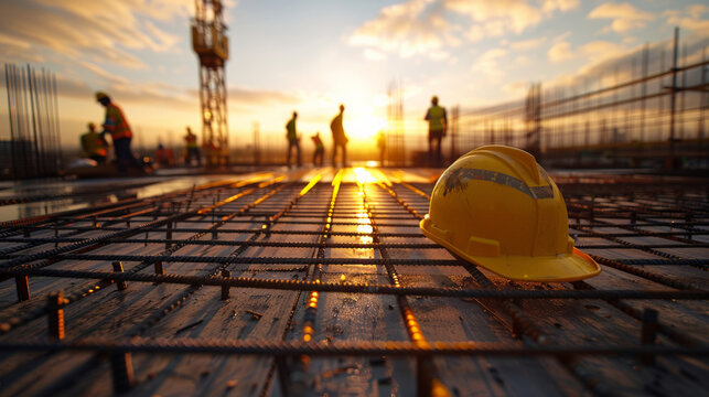 Early Construction Stages at Sunset with Hard Hat on Rebar - Labor Day
