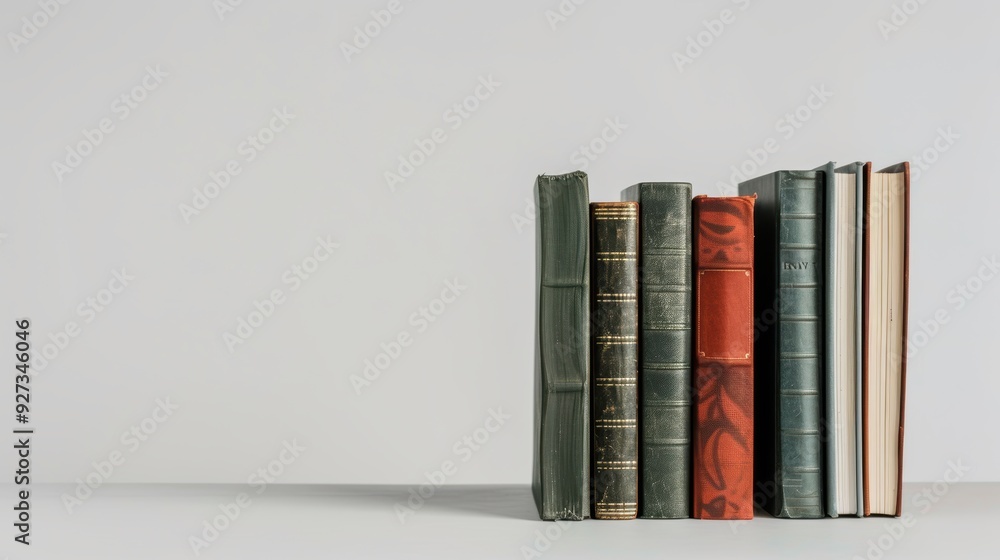 Poster row of vintage books with tattered covers on a shelf against a blank backdrop with space for text
