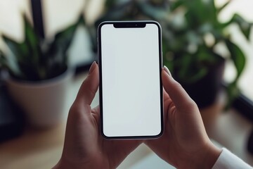 Mockup, female hand holding mobile phone in room with space for text, white blank screen for text. Technology, communication. Mobile application. Social network