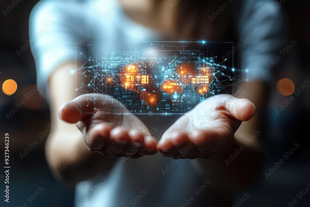 Poster digital globe. hands holding digital globe with glowing network connec