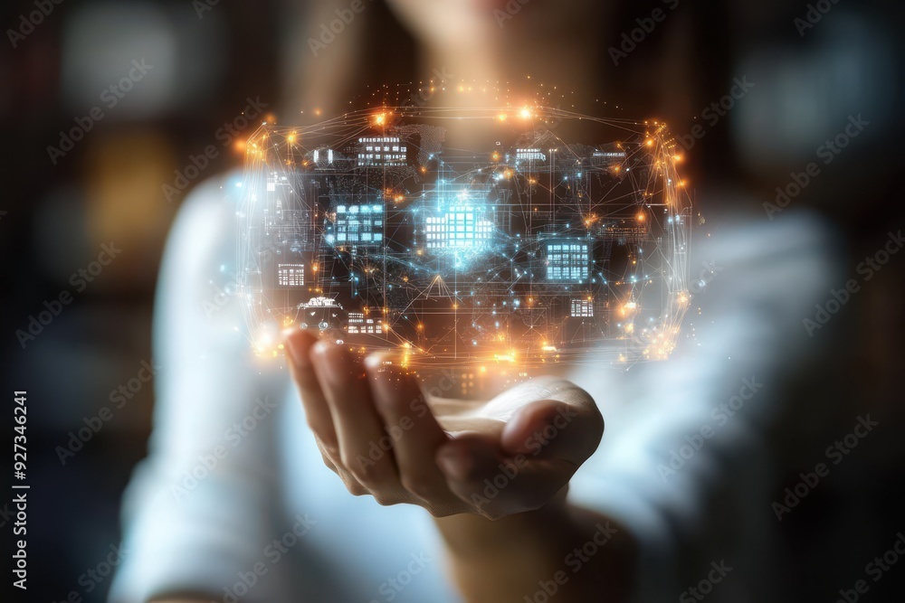 Poster tech sphere. futuristic hologram globe with digital network in man's h
