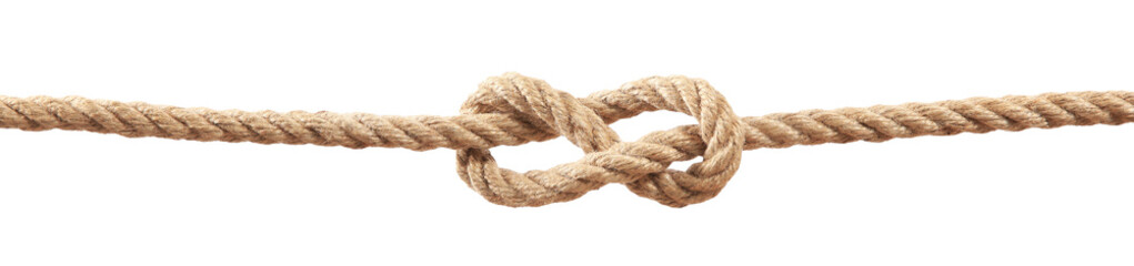 Hemp rope with knot on white background