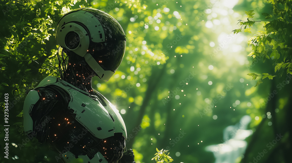 Poster a sleek silver robot standing in a lush green forest, surrounded by towering trees and clear flowing