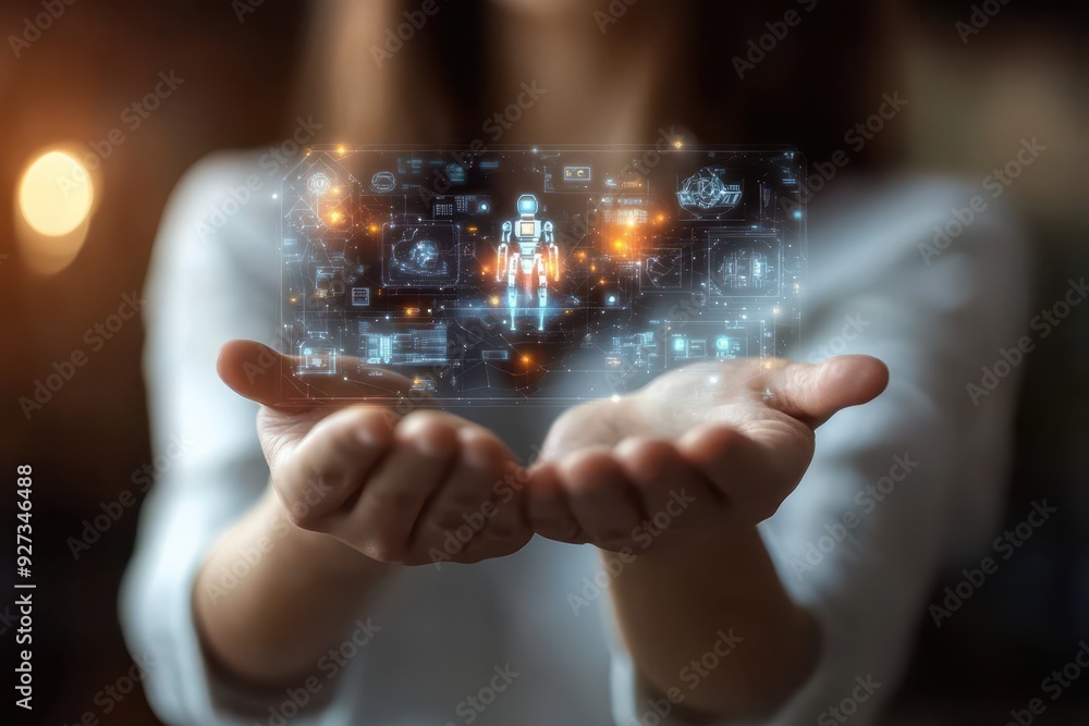 Poster hand of woman holding a hologram of advanced robotics, showcasing humanoid robots, industrial automa