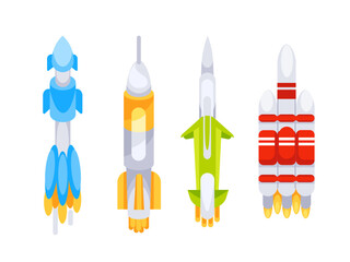 Featuring four different spacecraft models standing on launchpads and ready for take off