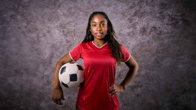 Photoshoot of a female soccer player holding a soccer ball with grey textured background