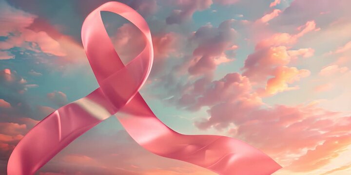 A pink ribbon is flying in the sky, symbolizing breast cancer awareness