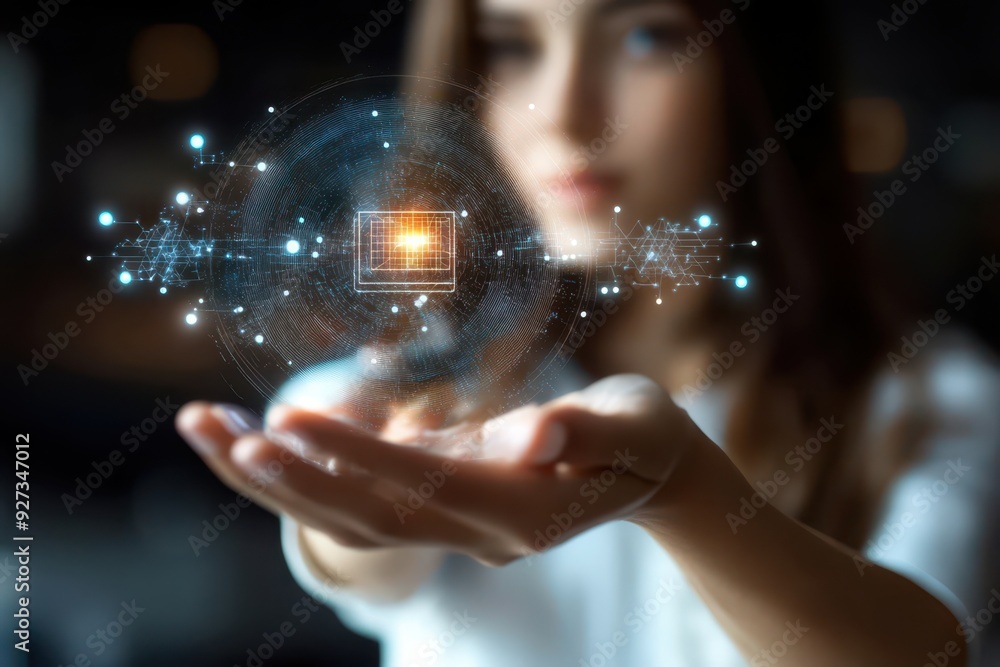 Poster hand of woman holding a hologram of artificial intelligence, highlighting machine learning algorithm