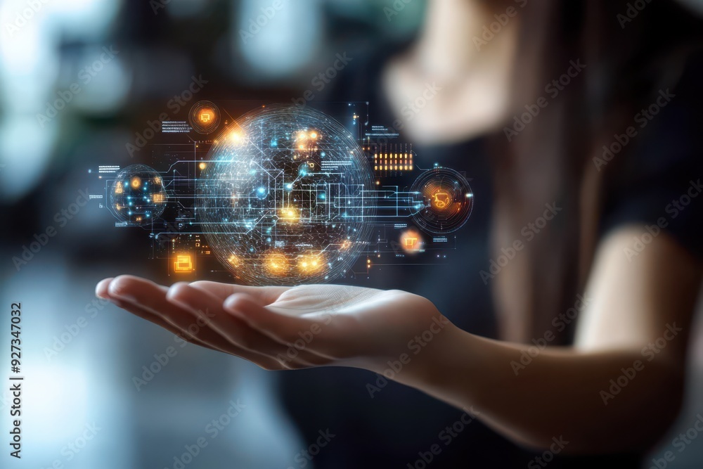 Poster hand of woman holding a hologram of artificial intelligence, highlighting machine learning algorithm