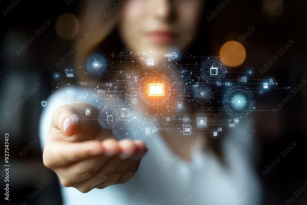 Poster hand of woman holding a hologram of cybersecurity defense, displaying threat detection algorithms, s