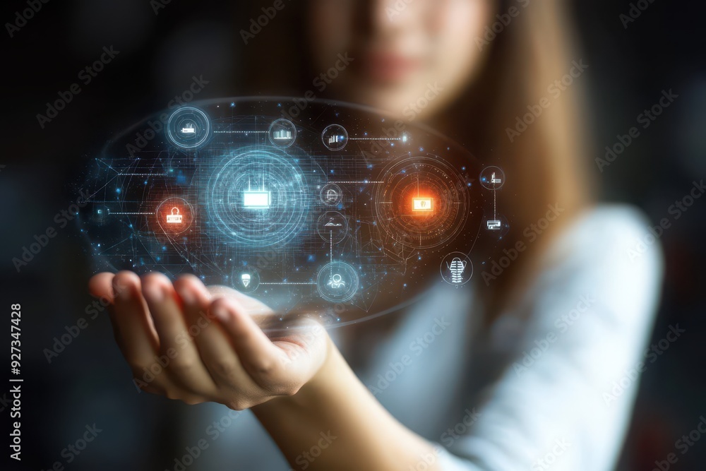Poster hand of woman holding a hologram of cybersecurity defense, displaying threat detection algorithms, s
