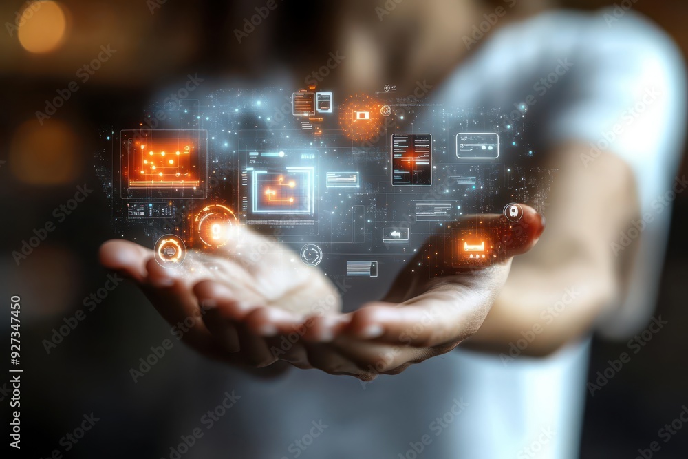 Poster hand of woman holding a hologram of cybersecurity defense, displaying threat detection algorithms, s