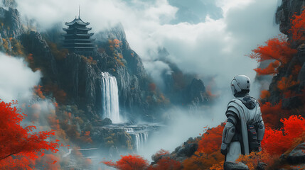 A silver robot exploring a misty mountain landscape, surrounded by waterfalls and ancient trees, cinematic lighting, natural harmony