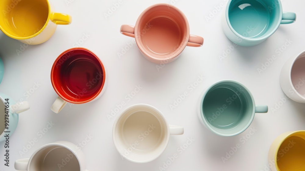 Aufkleber Overhead view of a vibrant array of empty coffee cups arranged in a pattern, symbolizing diversity and choices