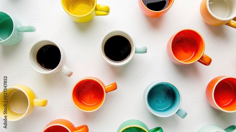 Aufkleber multiple colorful coffee mugs arranged on a white background, some filled with coffee, creating a pa