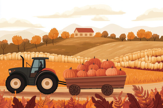 Illustration of a tractor hauling a wagon filled with pumpkins through an autumn farm landscape, with rolling hills, cornfields, and fall foliage.
