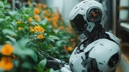A robotic gardener pruning plants in a high-tech greenhouse, surrounded by exotic vegetation, futuristic eco-technology